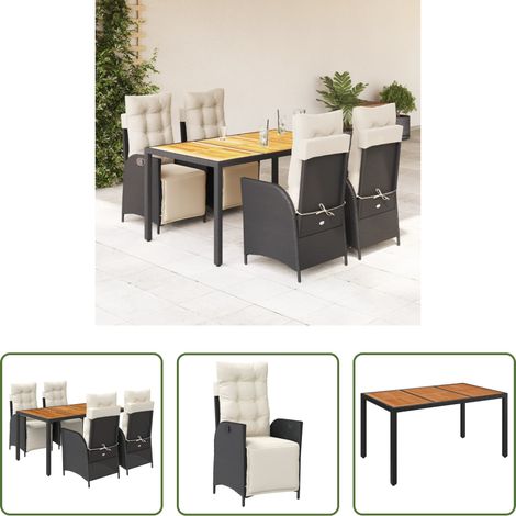 Gartentisch - 5-tlg. Garten-Essgruppe mit Kissen Schwarz Poly Rattan (1/5)