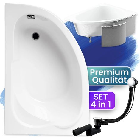 Badewanne Eckbadewanne 130x85 Links mit Styroporverkleidung, Ablauf & Füße GRATIS - Komplettset 4in1 Original Acryl Wanne Siphon - BADLAND STANDARD (1/5)