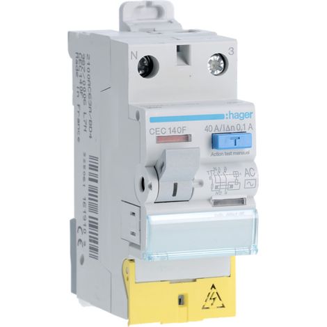 Interrupteur différentiel 1P+N 40A 100mA type AC à bornes décalées HAGER CEC140F (1/4)
