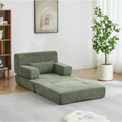 Fauteuil-lit pliant 1 place en tissu chenille vert, modulable, gain de place – MEUBLIV (1/5)