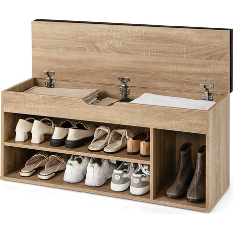 Scarpiera in legno con cuscino morbido e cassetto due ripiani 104x30x48cm Naturale (1/4)