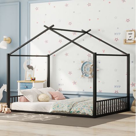 Lit enfant 140 x 200 cm en métal noir, cadre en forme de maison avec 14 lattes, charge maximale 150 kg, montage requis pour chambre d'enfant – de FLORAGRACE (1/5)