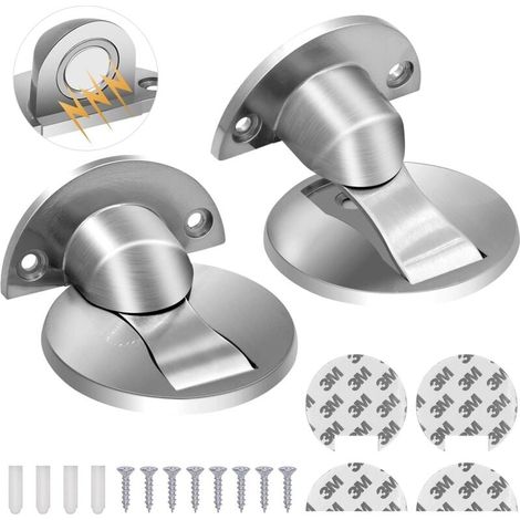 Lot de 2 butoirs de porte magnétiques magnétiques en acier inoxydable brossé - Invisibles - Résistants - Argenté - Sans perçage-LIAIKI (1/5)