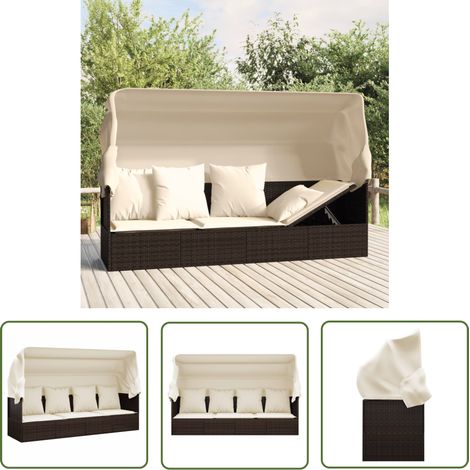 The Living Store Outdoor-Loungebett mit Dach und Kissen Braun Poly Rattan - Outdoormöbel - Lounge Bett - Sonnenschirm - Gartenmöbel - Poolbereich (1/5)