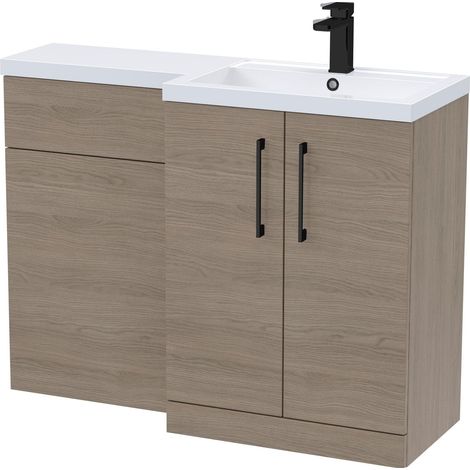 Balterley Right-Hand Bathroom Vanity and WC Unit Combination with Basin - 1100mm - Woodgrain Mid Oak with Black Handles