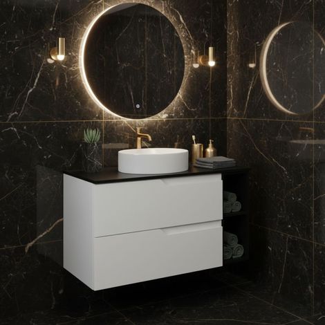Meuble de salle de bain suspendu 100 cm, blanc et noir, plan de toilette, 2 tiroirs et étagère latérale, sans vasque – MODERN