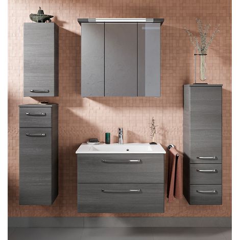 Badezimmer Komplett Set mit Waschbecken aus Mineralmarmor TRENTO-66 in Graphit Struktur Nb., B/H/T: ca. 167/200/50 cm (1/5)
