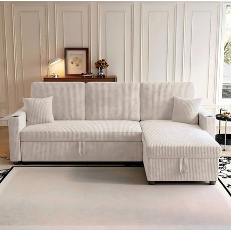 Sofa aus Cord in Beige, modulares Schlafsofa mit Stauraum, Ausziehfunktion, USB/Type-C, Becherhaltern und Seitentaschen (1/5)