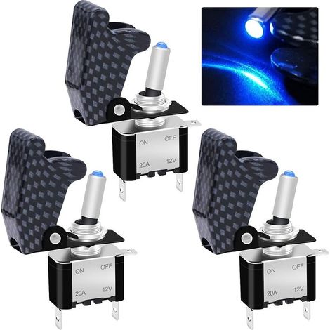 3 Pièces Interrupteur à Bascule12V 20A Voiture de Course Robuste Automative Auto SPST Marche/Arrêt LED Bleu Illuminé 3Pin Avec Couvercle de Sécurité Imperméable Gris Charbon (1/4)