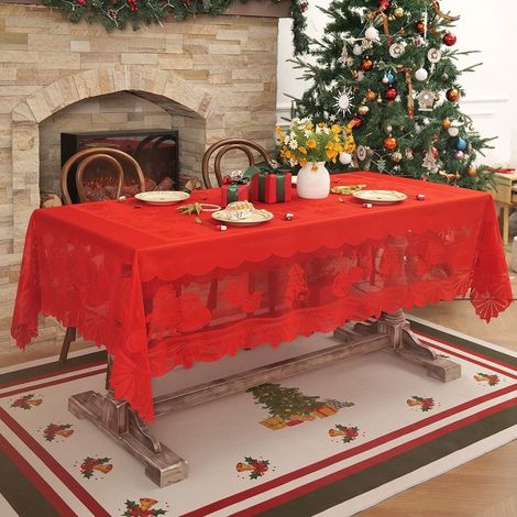Nappe De Table - 140x220 cm - Dentelle - Rouge - Pour Fête De Noël Et Usage Quotidien - 1 Pièce (1/5)