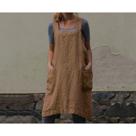 Grembiule da donna in cotone e lino con tasche, taglie forti, marrone, XX-Large
