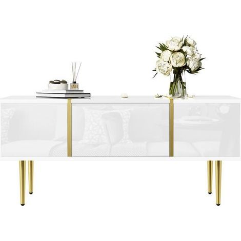 Table basse salon, plateau blanc laqué, rangement intégré, finition dorée (1/5)