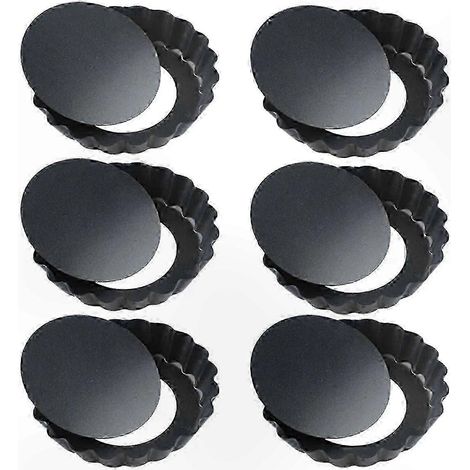 Lot de 6 mini moules à tartes, 10 cm (4 pouces), antiadhésifs avec fond amovible, adaptés à la confection de tartes, quichees, tourtes salées françaises, cupcakes et muffins. (1/5)