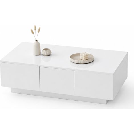 Table basse de salon blanche laquée avec rangements dissimulés, 2 tiroirs latéraux et ouverture push-pull, 100 x 50 x 31 cm, plateau en panneau de particules - CHICFURN (1/5)