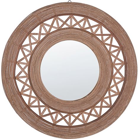 Espejo de pared de madera de bambú marrón claro 62 cm patrón geométrico hecho a mano boho rústico Cacoma (1/5)