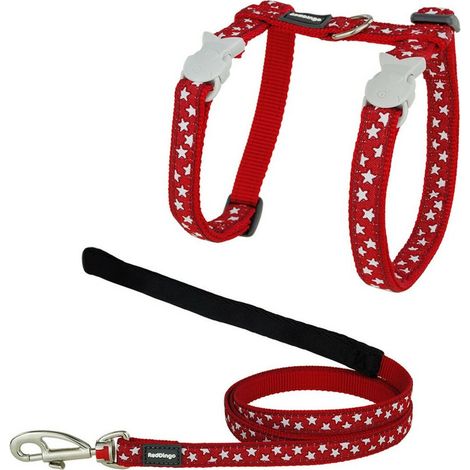 Laisse et harnais chat rouge etoiles blanches tour de cou : 21 a 35cm, laisse 1,
