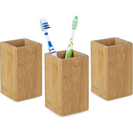 Gobelet porte brosse à dents en lot de 3, HxlxP: 11 x 6,5 x 6,5 cm bambou nature verre salle de bain, nature