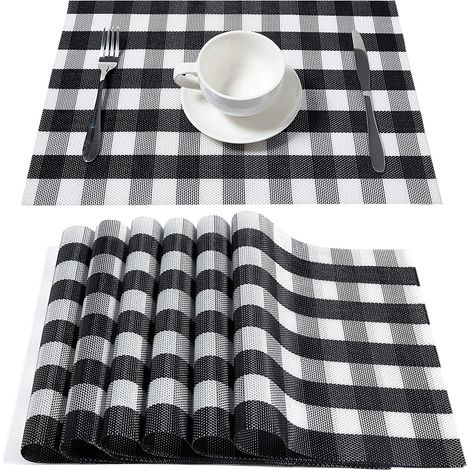 Schwarz-weiße Tischsets mit Büffelkaro, 4er-Set, leicht zu reinigende, abwischbare Tischsets aus kreuzgewebtem Vinyl, Tischsets im Landhausstil für Esstisch und Terrassentisch