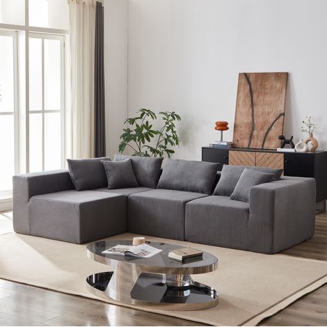 MODFU – Divano angolare modulare in velluto a coste con seduta ampia, montaggio senza attrezzi, schiuma e molle per salone – Grigio (1/5)