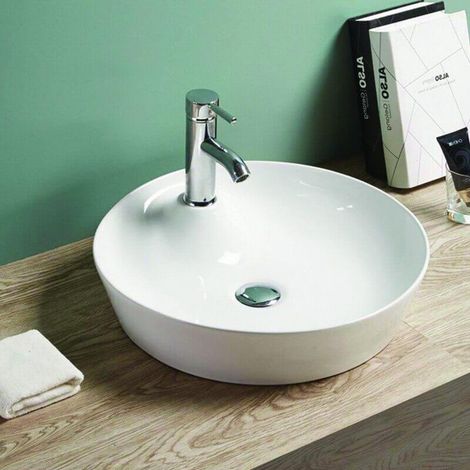 Rue Du Bain – Vasque à poser ronde en céramique blanche brillante 44 cm – Sans trop-plein – Pour robinetterie mono trou – Design moderne (1/5)