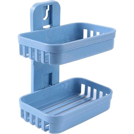 Boîte à savon murale double couche sans poinçon tiroir égouttoir cuisine éponge boîte de rangement salle de bain étagère de rangement étagère 1pc (bleu) (1/5)