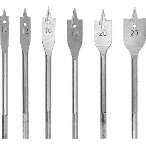 Ensemble de 6 forets à bois plats en acier à haute teneur en carbone, 3 arêtes de coupe, queue hexagonale, couleur argent. (1/5)
