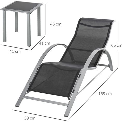 Ensemble de 2 chaises de jardin et une table en verre, transats en tissu respirant, 59 x 169 x 66 cm, noir et gris (1/5)