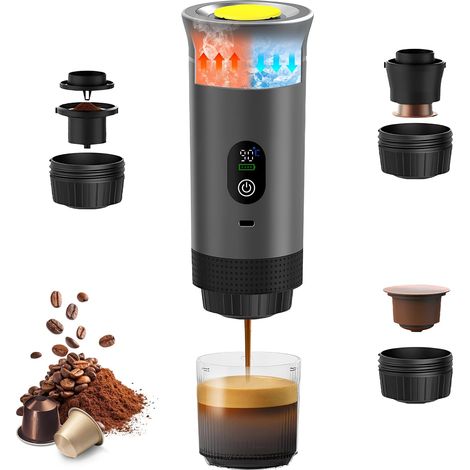 Machine à Café Portable, 3 en 1 Cafetières Expresso à Capsules avec Écran Numérique, Machine à Expresso à Capsules et Café Moulu Chauffage Rapide pour Bureau Voyage Camping Maison (Noir) (1/5)