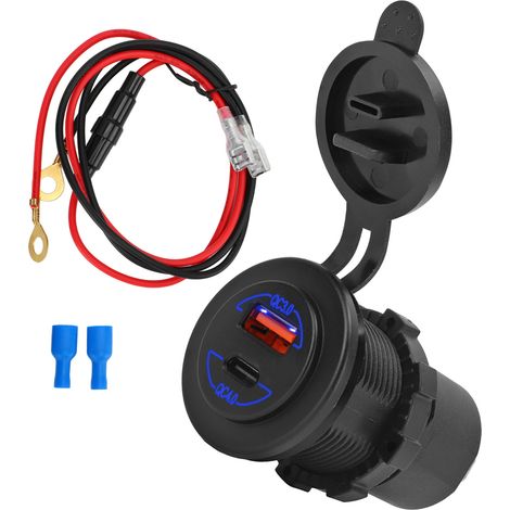 Chargeur USB Voiture 60W QC4.0 PD Prise Allume-Cigare 12-24V avec Terminal Bleu pour Camping-Car Bateau Moto, Câble 60cm (1/5)