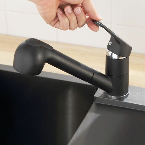 1 Robinet de cuisine, douchette extractible 42 cm, 2 jets, bec pivotant 120°, eau chaude et froide, noir (1/5)