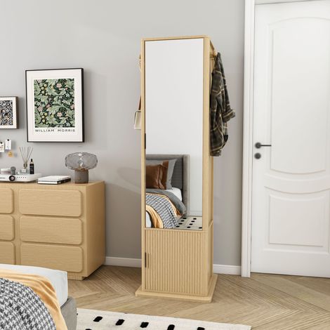 Armoire à miroir pivotante à 360° 4-en-1, miroir en pied avec rangement à bijoux, bibliothèque et patères, meuble multifonction gain de place en MDF pour chambre à coucher, aspect chêne / Armoire à mi (1/5)