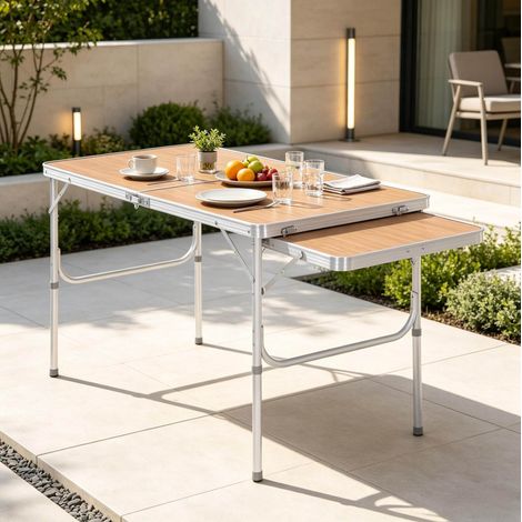 Mesa plegable de camping (120x60x40 o 70 cm), extensible, regulable en altura, aluminio y MDF, multicolor (1/5)