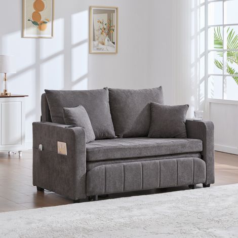 Letto estraibile 136/200 cm in ciniglia grigia con 4 cuscini e tasca laterale, salvaspazio e confortevole (1/5)