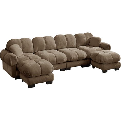 Canapé d'angle modulaire 4 places en tissu chenille marron avec 2 poufs mobiles (1/5)