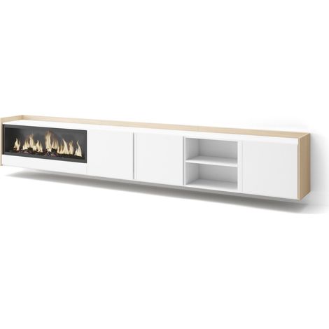 Skraut Home - Meuble TV, Banc Télé, Grand espace de Rangement, 315x35x50cm, Pour les TV jusqu'à 80", Cheminée électrique XXL, Suspendu, Mural, Style moderne, Blanc et Chêne Soft (1/5)
