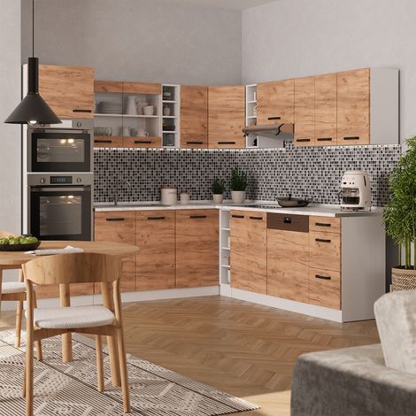 Einbauküche in L-Form R-Line, Goldkraft Eiche/Weiß, 247 x 237 cm ohne Arbeitsplatte, Vicco