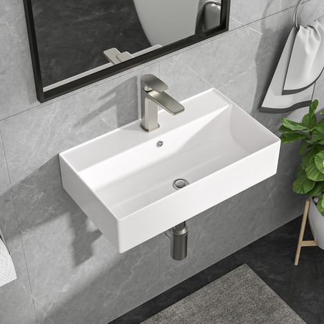 Geworzi Lavabo suspendu céramique avec trou de robinetterie et trop-plein Lave Mains Rectangulaire 53 x 30 cm (1/5)