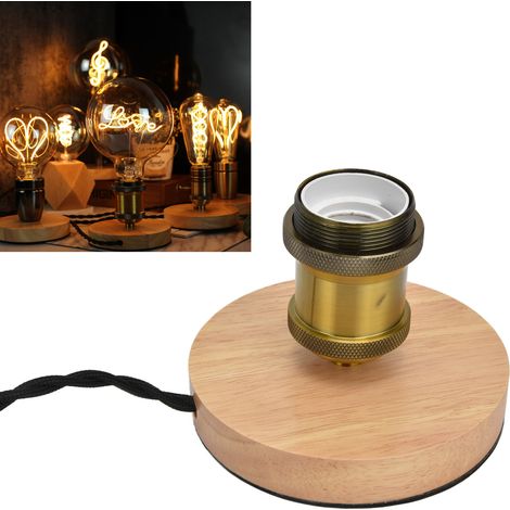 Pied de lampe de table rétro E27 en bois avec plaque et prise en bois bronze antique, base à intensité variable