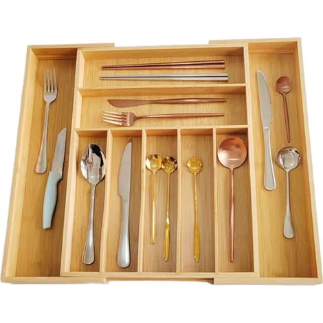 Plateau à couverts pour tiroir,Organisateur de couverts extensible, marron, bambou, 43 × (33–50) cm (1/4)