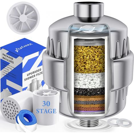 Filtre de douche VeeryFly à 30 étapes avec vitamine C, filtre de douche pour eau dure, débit d'eau élevé avec 2 cartouches de restes de filtrat, adoucisseur d'eau pour éliminer le chlore (1/5)