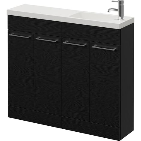 Napoli 250 Nero Oak 1000mm 4 Door Vanity Unit with Round Silvo Basin - 1000mm - Chrome 160mm Handle