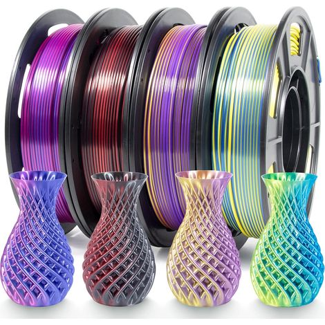 Jeu de Soie Filament PLA 1.75 +/- 0.03 mm, Bobine PLA 1.75 Filament Silk Bicolore, Filament Imprimante 3D 250g x 4 Rouleaux (Bleu Rose, Bleu Vert, Rouge Noir, Or Violet)