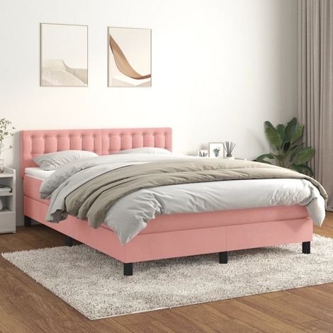Lit adulte Moderne,Lit à sommier tapissier et matelas Rose 140x190 cm Velours -61236 (1/5)