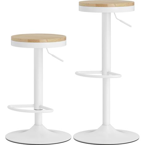 2 Tabourets bar réglables hauteur pivotants 360°, structure acier, repose-pieds, bois naturel blanc, 38,5x38,5x60-80cm