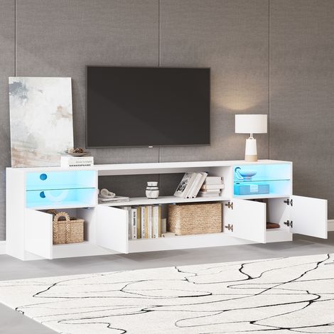Meuble TV avec éclairage LED, meuble ouvert, 4 portes battantes, 8 compartiments de rangement, finition laquée blanche brillante, support TV pour téléviseurs jusqu'à 75 pouces, meuble TV bas pour salo (1/5)