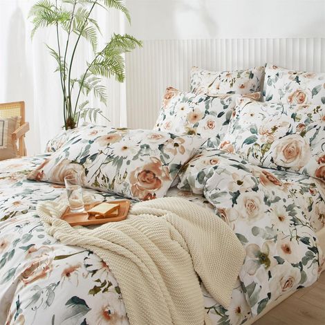 Bettwäsche 135x200 cm Blumenmuster Rosa Grün Weiß Mikrofaser 2-teilig mit Reißverschluss