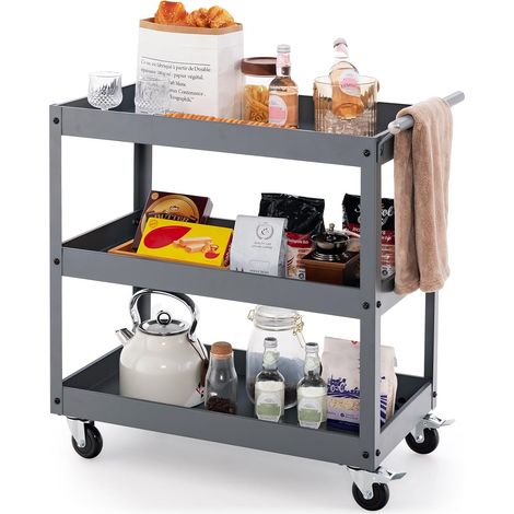 GOPLUS Chariot à Outils 3 Niveaux avec 4 Roues Universelles et Poignée Latérale, Porte-Serviettes, Servante d'Atelier Roulant pour Garage, Salle de Bain, Entrepôt, 76 x 38 x 76 cm,Noir (Gris) (1/5)