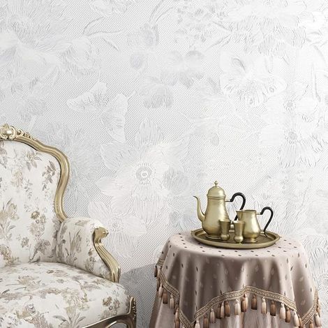 White Textured Wallpaper Vinyl Adhesive Furniture Floral and Butterflies Decorative Wallpaper Adhesive Floral Textured Vintage Roll Wall Sticker White Bathroom Bedroom 40CMX2M (1/5)