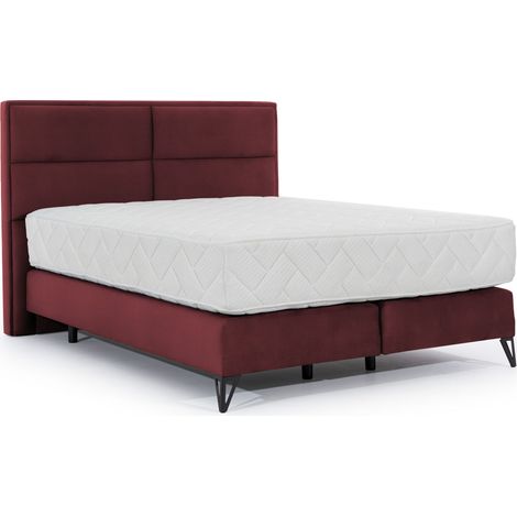 Lit continental velours bordeaux Tiempo avec matelas 30cm en latex et pied metal noir-160x200 (1/5)