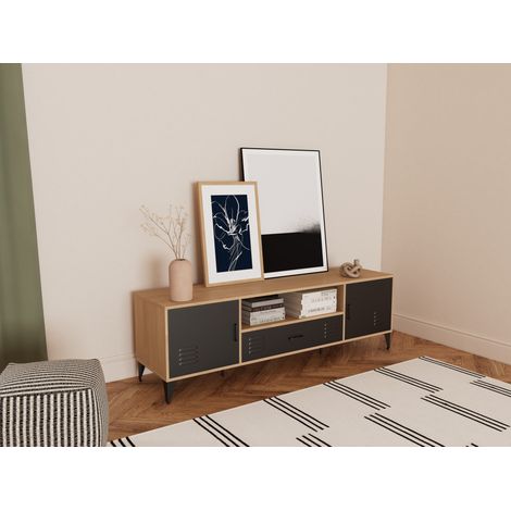 Bestmobilier – Meuble TV effet bois et métal noir 160 cm – Style industriel moderne – Rangement pratique pour équipements multimédias – Hauteur 50 cm